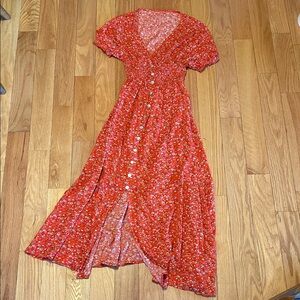 Red Floral Maxi Dress with Button-Front Detail